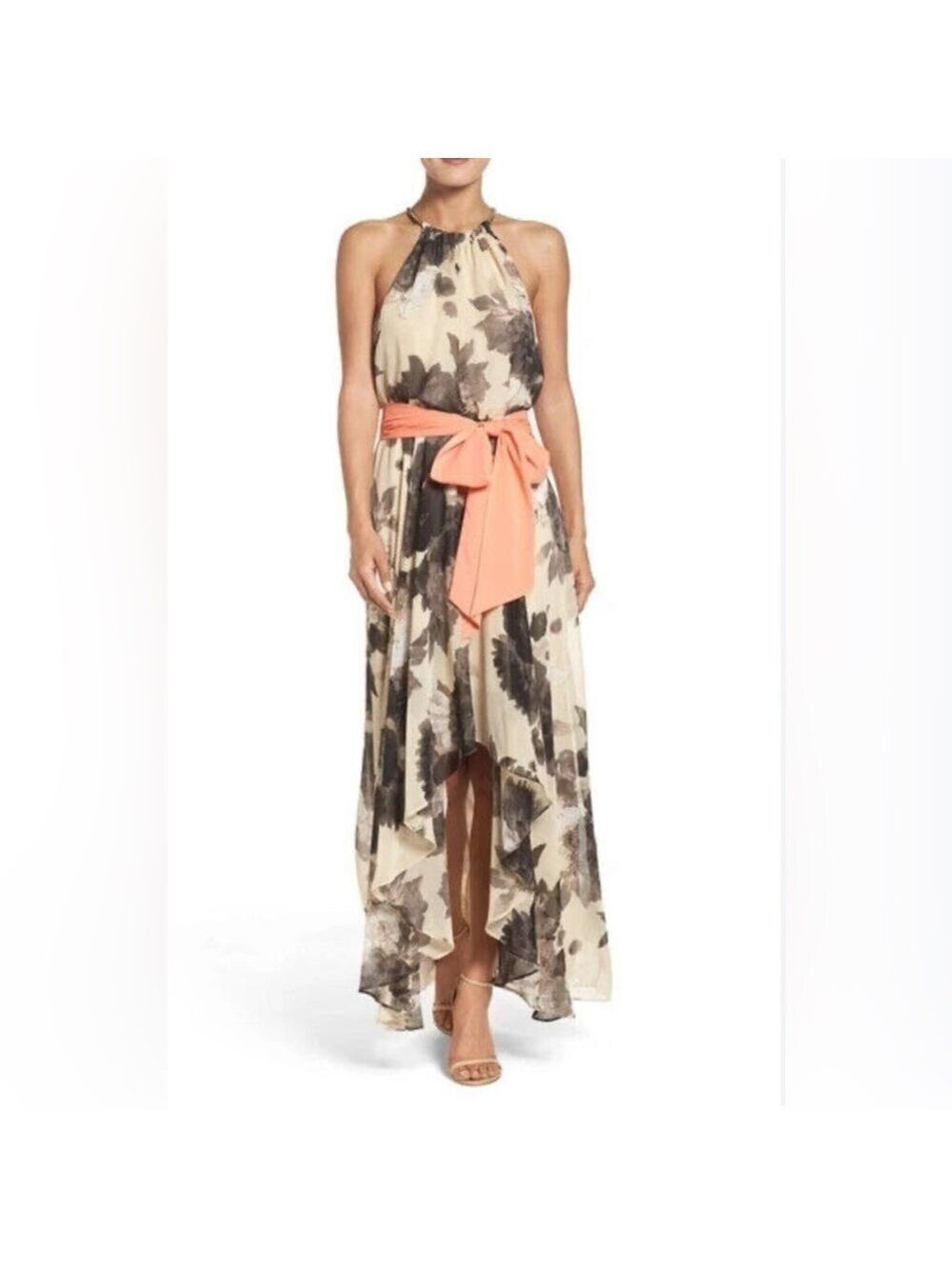 Eliza J Floral Print Maxi Dress Cream/Black with Apricot Sash Belt. Size 6